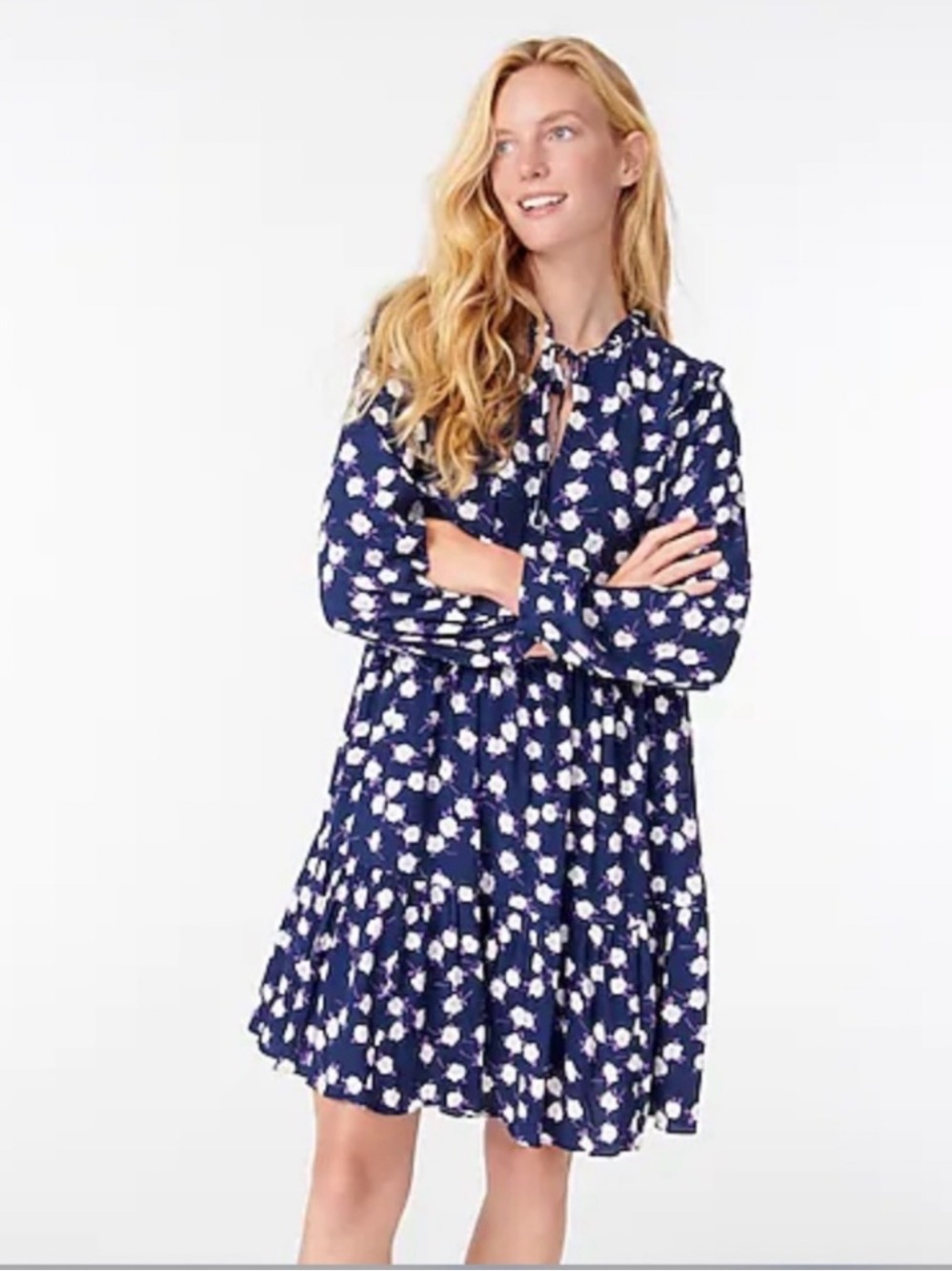 J. Crew Tie-neck tiered dress in scattered peony print Size M